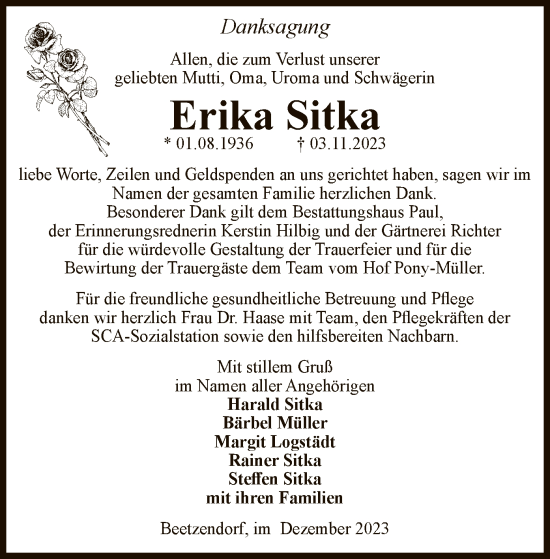 Traueranzeige von Erika Sitka von UEL