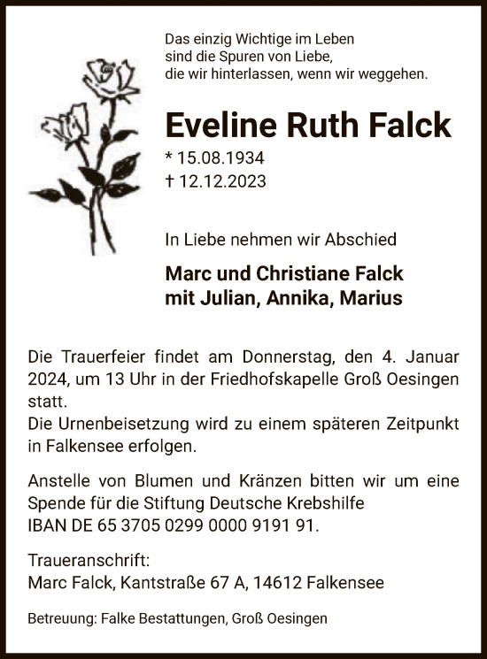 Traueranzeige von Eveline Ruth Falck von UEL