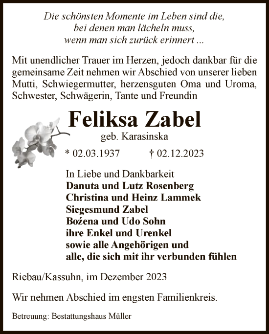 Traueranzeige von Feliksa Zabel von UEL