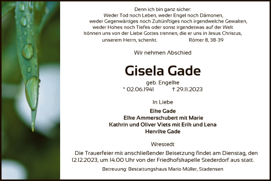 Traueranzeige von Gisela Gade von UEL