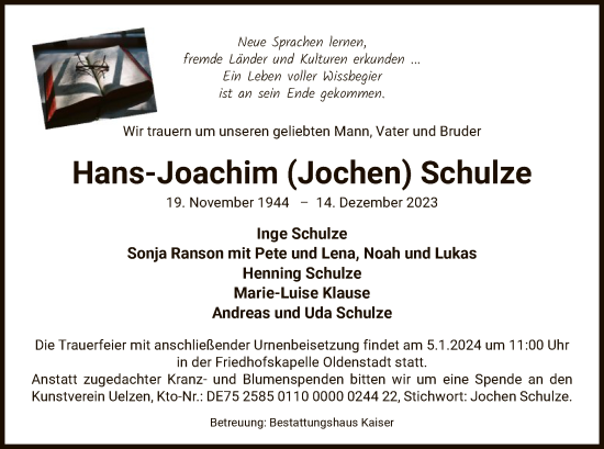 Traueranzeige von Hans-Joachim  Schulze von UEL