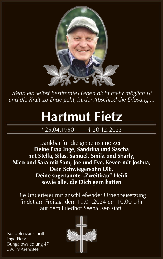  Traueranzeige für Hartmut Fietz vom 30.12.2023 aus UEL