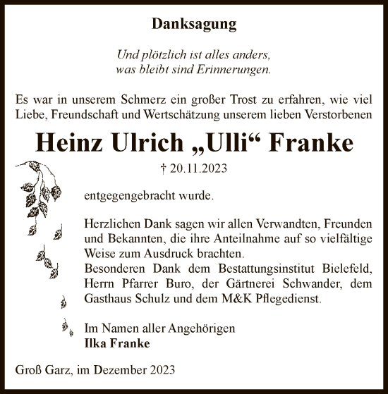 Traueranzeige von Heinz Ulrich Franke von UEL