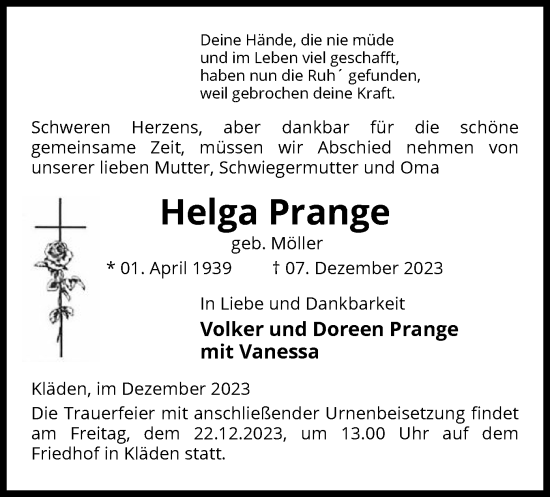 Traueranzeige von Helga Prange von UEL