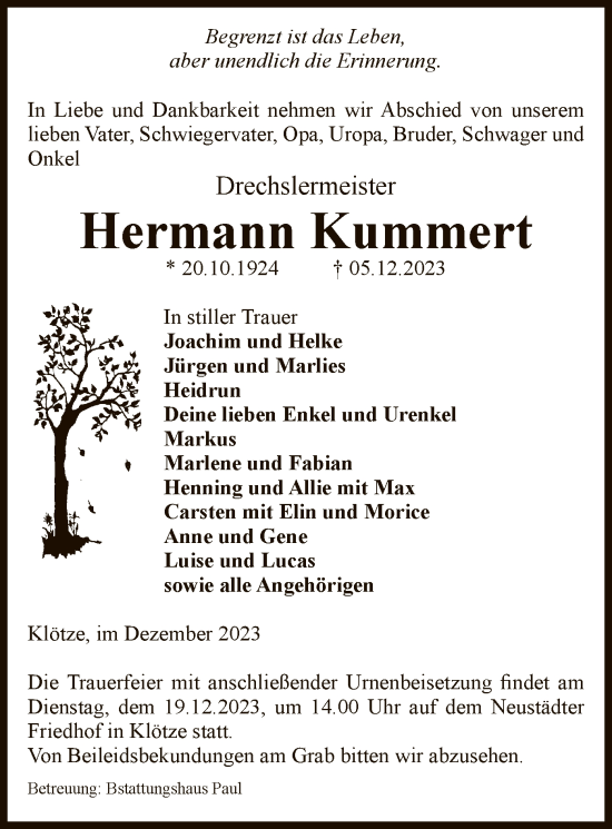 Traueranzeige von Hermann Kummert von UEL