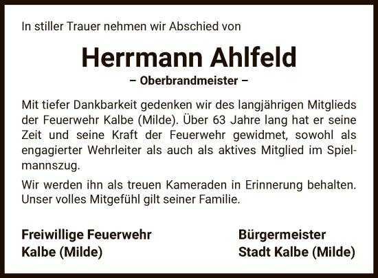 Traueranzeige von Herrmann Ahlfeld von UEL