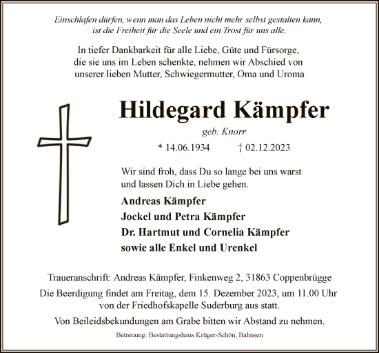 Traueranzeige von Hildegard Kämpfer von UEL