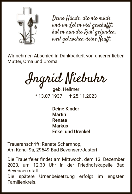 Traueranzeige von Ingrid Niebuhr von UEL