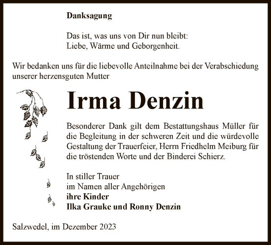 Traueranzeige von Irma Denzin von UEL