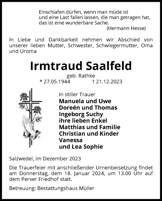 Traueranzeige von Irmtraud Saalfeld von UEL