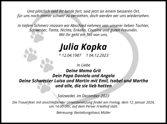 Traueranzeige von Julia Kopka von UEL