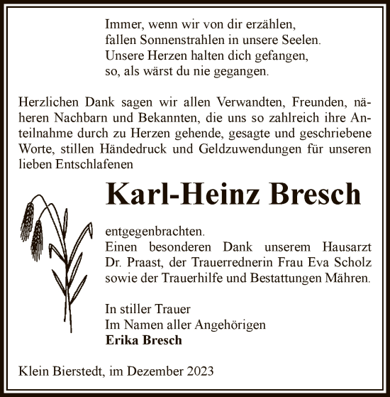 Traueranzeige von Karl-Heinz Bresch von UEL