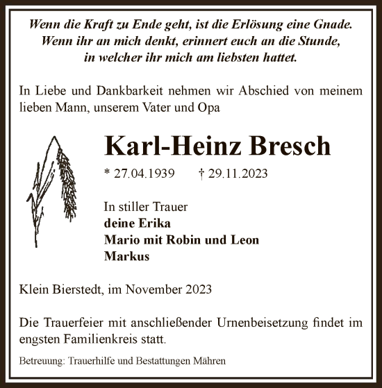 Traueranzeige von Karl-Heinz Bresch von UEL