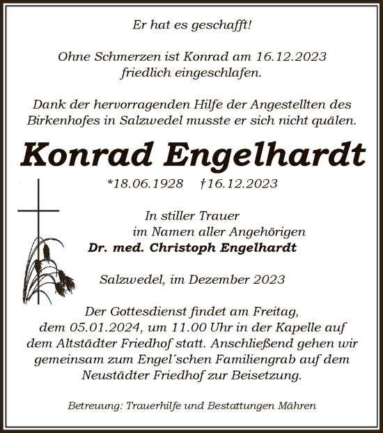 Traueranzeige von Konrad Engelhardt von UEL