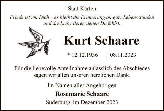 Traueranzeige von Kurt Schaare von UEL