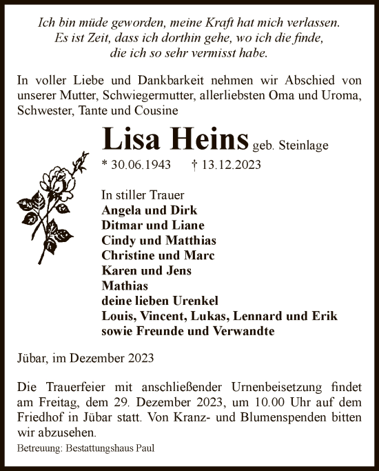 Traueranzeige von Lisa Heins von UEL