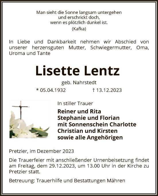 Traueranzeige von Lisette Lentz von UEL