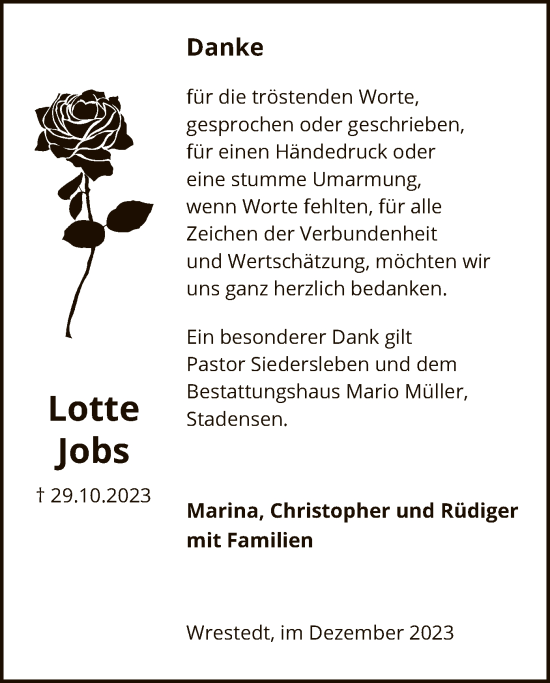 Traueranzeige von Lotte Jobs von UEL