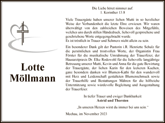 Traueranzeige von Lotte Möllmann von UEL