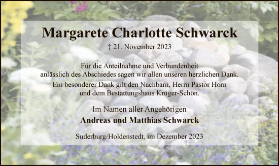 Traueranzeige von Margarete Charlotte Schwarck von UEL