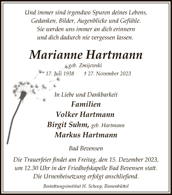 Traueranzeige von Marianne Hartmann von UEL