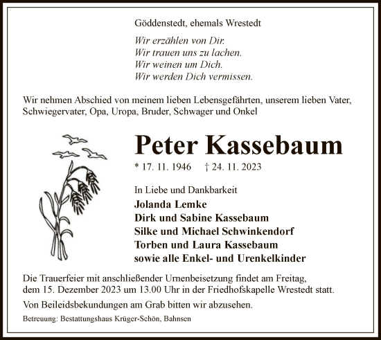 Traueranzeige von Peter Kassebaum von UEL