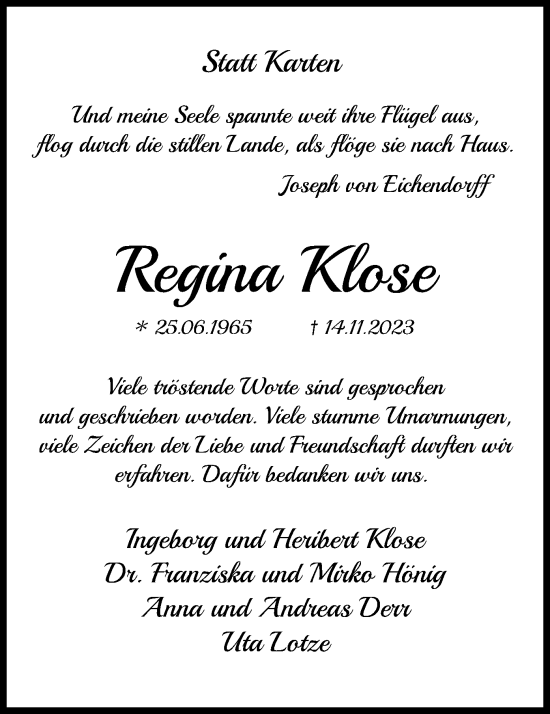 Traueranzeige von Regina Klose von UEL