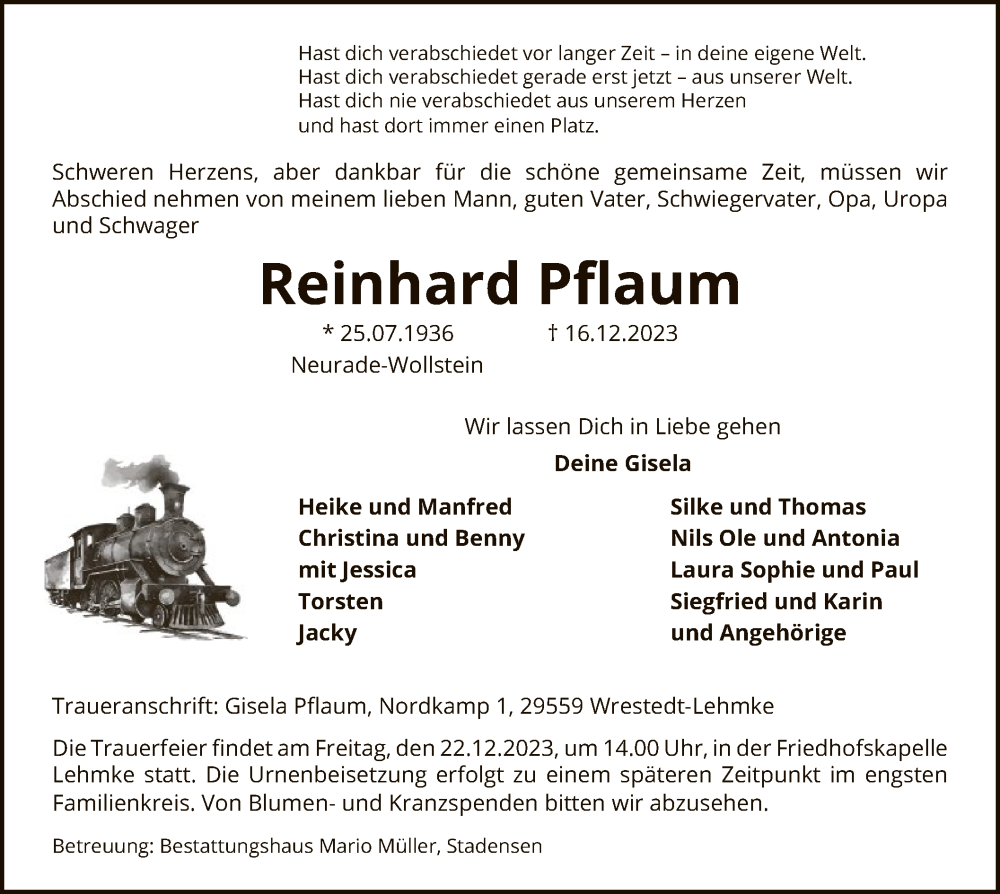 Traueranzeigen von Reinhard Pflaum | AZ.Trauer.de