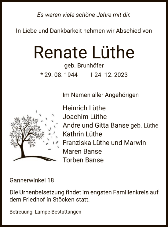 Traueranzeige von Renate Lüthe von UEL