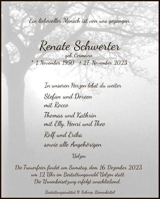 Traueranzeige von Renate Schwerter von UEL