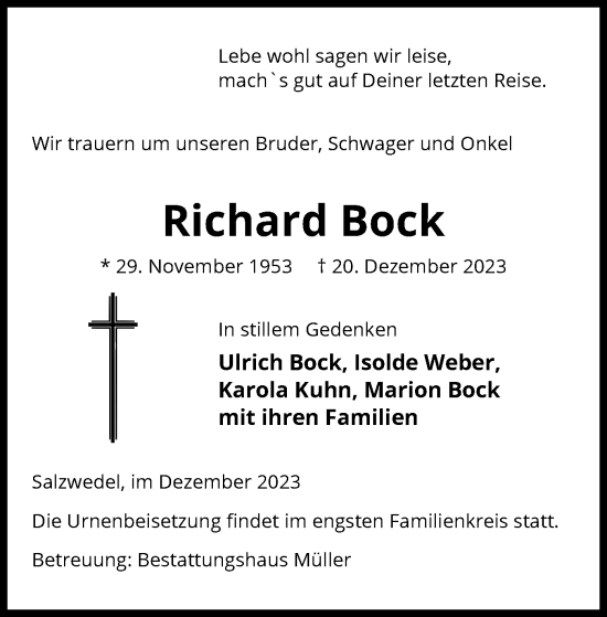 Traueranzeige von Richard Bock von UEL