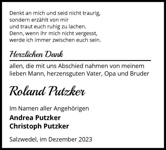 Traueranzeige von Roland Putzker von UEL