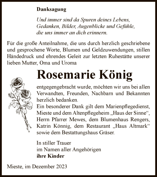 Traueranzeige von Rosemarie König von UEL