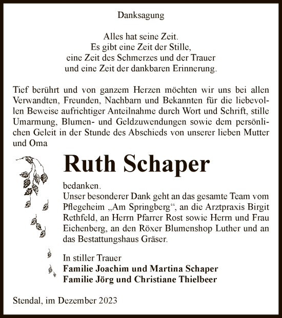 Traueranzeige von Ruth Schaper von UEL