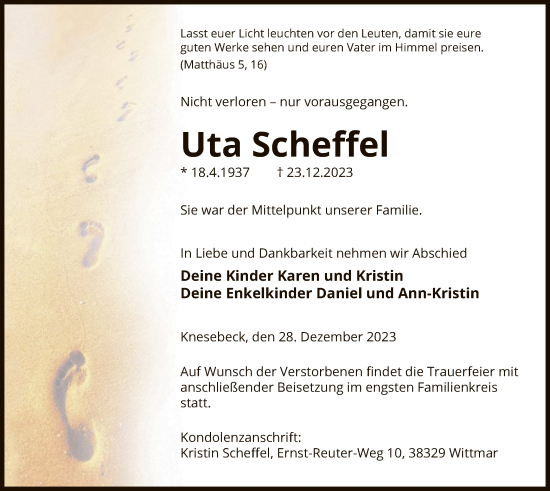 Traueranzeige von Uta Scheffel von UEL