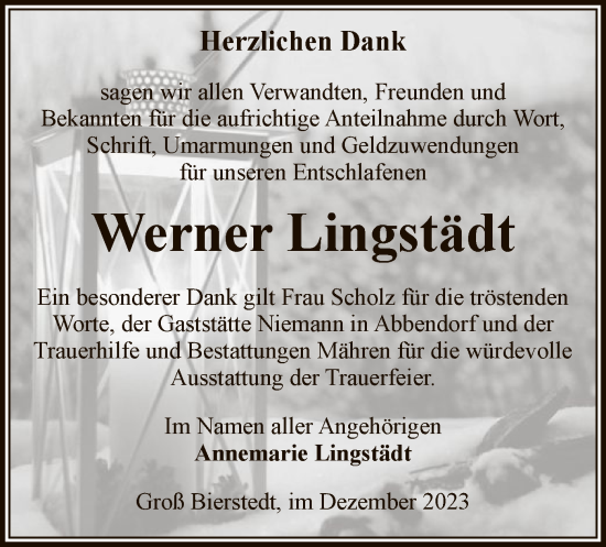 Traueranzeige von Werner Lingstädt von UEL