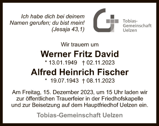 Traueranzeige von Werner Fritz und Alfred Heinrich David und Fischer von UEL