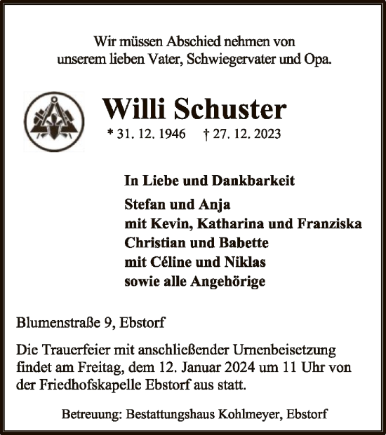 Traueranzeige von Willi Schuster von UEL