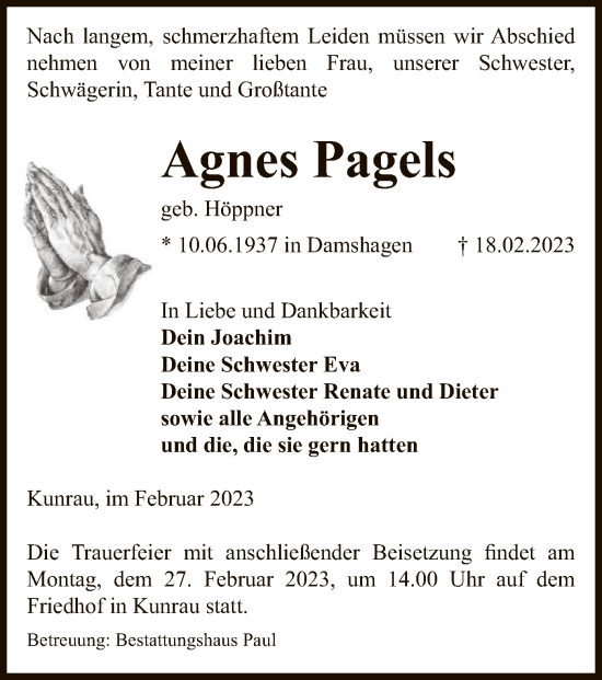 Traueranzeige von Agnes Pagels von UEL