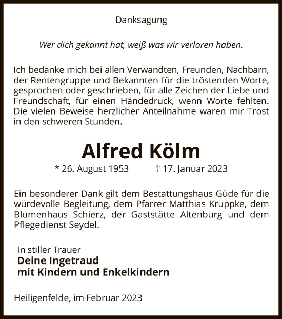 Traueranzeige von Alfred Kölm von UEL