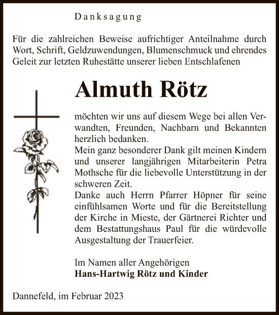 Traueranzeige von Almuth Rötz von UEL