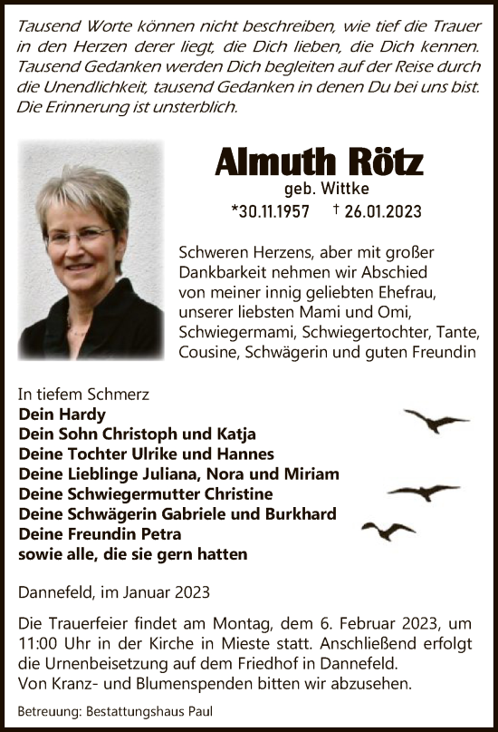 Traueranzeige von Almuth Rötz von UEL