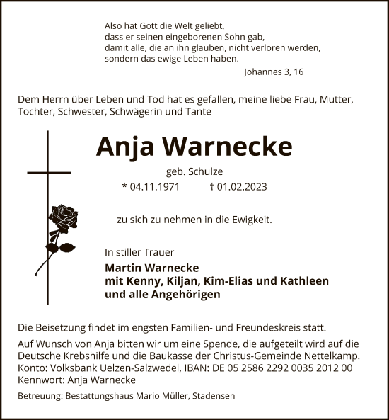Traueranzeige von Anja Warnecke von UEL