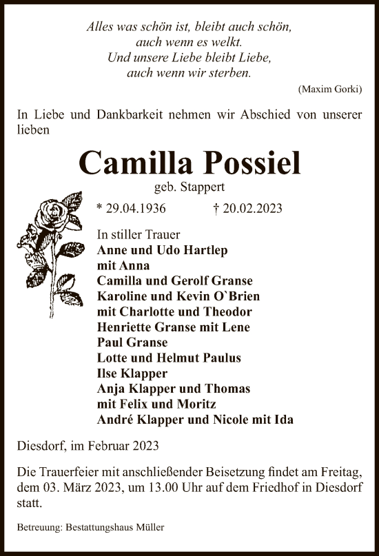 Traueranzeige von Camilla Possiel von UEL