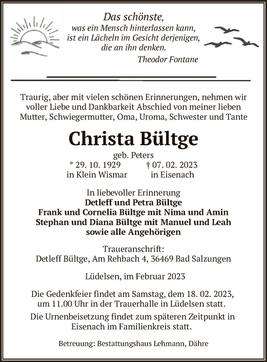 Traueranzeige von Christa Bültge von UEL