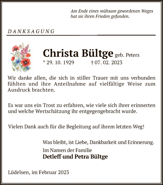 Traueranzeige von Christa Bültge von UEL