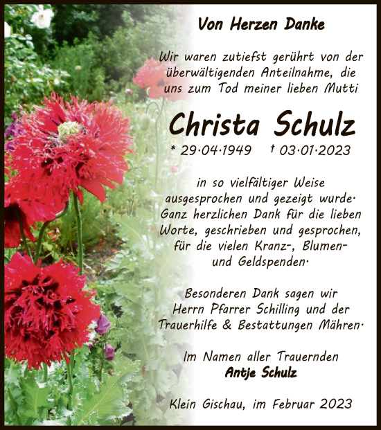 Traueranzeige von Christa Schulz von UEL