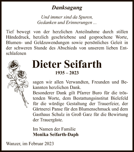 Traueranzeige von Dieter Seifarth von UEL