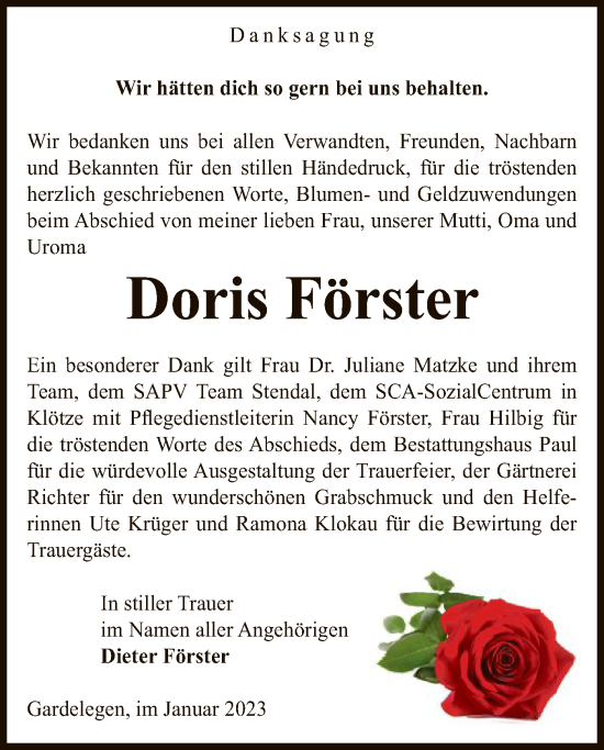 Traueranzeige von Doris Förster von UEL