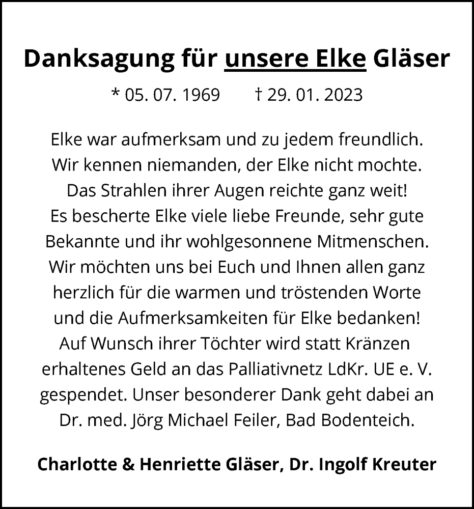  Traueranzeige für Elke Gläser vom 25.02.2023 aus UEL
